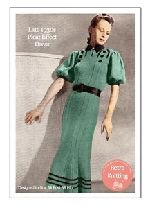 1930s Pleat Effect Dress Vintage Knitting Pattern Copy Bust 34 - Picture 1 of 2