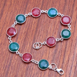 EASTER SALE-Ruby Emerald Handmade 925 silver Jewelry solid Statement bracelet - Picture 1 of 3