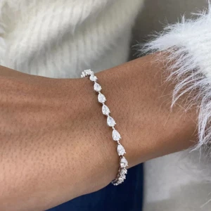Pear Cut Lab-Created Diamond Bracelet 14K White Gold Over Prong Set - Picture 1 of 1