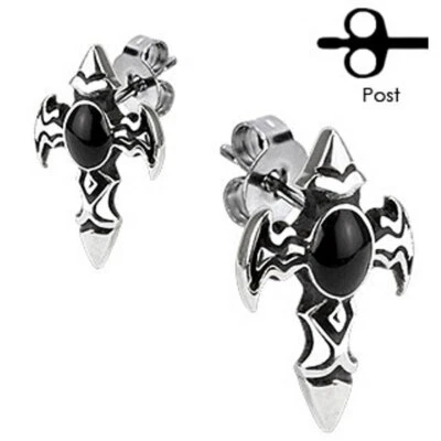 Pair of 316L Surgical Stainless Winged Cross Onyx Stone Stud Earrings - Изображение 1 из 3