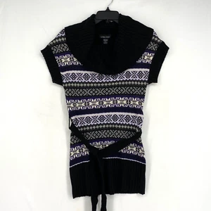 Sweater Project Juniors Small Short Sleeve Sweater Black Combo Cowl Neck Belted - Picture 1 of 9