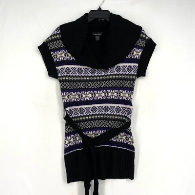 Sweater Project Juniors Small Short Sleeve Sweater Black Combo Cowl Neck Belted - Image 1 of 4