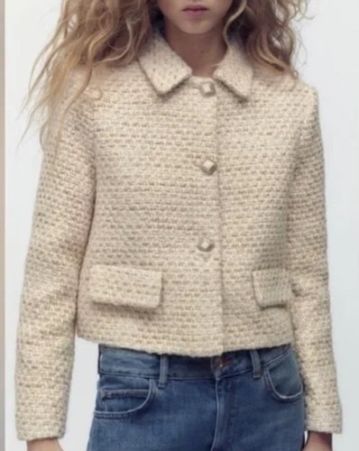 OFF WHITE ZARA GIACCA DONNA TWEED LANA TAGLIATA BLAZER BIANCO ROSA TAGLIA L NUOVA SENZA ETICHETTE