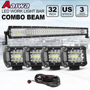 32inch LED Light Bar Spot Flood Combo +4x 4" Pods Wiring Kit For Jeep SUV Truck