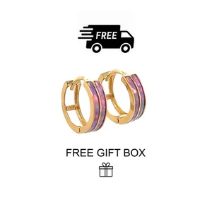 Pendientes de aro Huggie de ópalo púrpura de doble fila de oro amarillo de 14k - Imagen 1 de 2