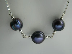 Peacock Black Baroque Freshwater Pearls & 925 Sterling Silver Handmade Necklace - Picture 1 of 18