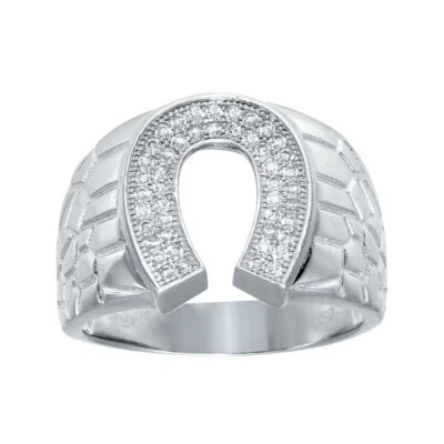 Uomo Argento Sterling Ferro di Cavallo Anello W/Zircone Cubico Pietre - Immagine 1 di 3