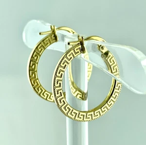 ORECCHINI A CERCHIO ORO 750 PENDENTI CON GRECA TIPO VERSACE GOLD CIRCLE EARRINGS - Picture 1 of 9