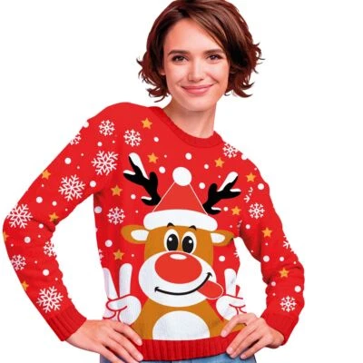 Weihnachtspullover Christmas Sweater Rot mit Rentier Rudolph für Damen Gr. 36-44 - Bild 1 von 3