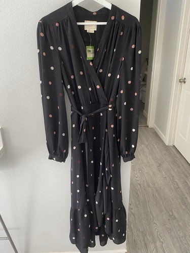 Abito Kate Spade New York manica lunga panetteria a pois midi avvolgente nero taglia 14