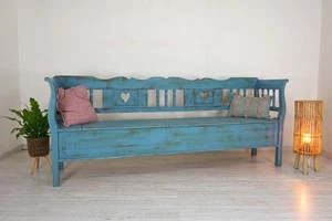 große Schwedenbank im Gründerzeit-Landhausstil, Shabby-Chic-Blau, Weichholz - Bild 1 von 12
