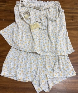 Laura Ashley Cami y Pantalones Cortos PJ Conjunto Blanco Amarillo Flores Borlas Talla Pequeña - Imagen 1 de 7
