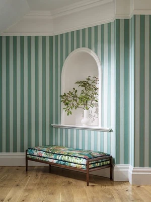 Osborne & Little Wallpaper: Regency Stripe Aqua/Gold (11 Yards) - Image 1 of 4