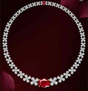 22 Ct Oval Cut Simulated Ruby luxurious Tennis Necklace 14k White Gold Plated - Picture 1 of 5