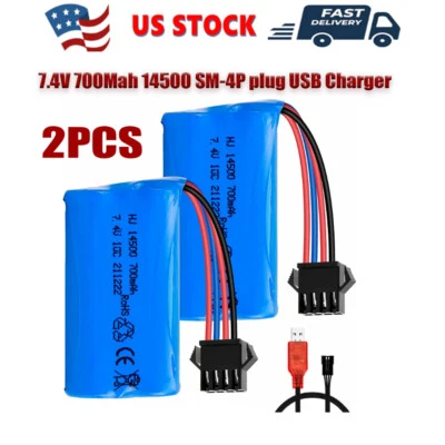 2Pack 7.4V 700Mah Li-ion Battery SM-4P plug USB Charger for UDI902 2.4G RC Boat - Image 1 of 4