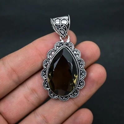 Colgante de piedras preciosas de cuarzo ahumado de plata de ley 925 hecho a mano joyería fina regalo Foto 1 de 4