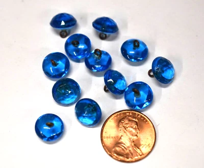 VINTAGE 12 FACETED BLUE GLASS ROUND BUTTONS • 10mm • BRASS SHANK - Image 1 of 2