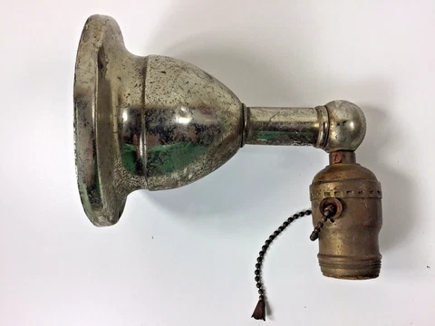 Vintage Nickel Brass Interior Wall Sconce Light Fixture with Pull Chain Paulding Cover