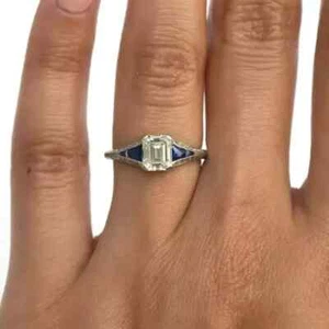 Art Deco Emerald Cut Lab Created Diamond Sapphire 14K White Gold FN Wedding Ring - Picture 1 of 10