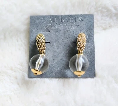 Talbots Pave Rhinestone Dangle Ball Clear Gold Tone Earrings Party Holidays NEW - Image 1 of 4