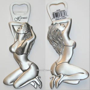 HAWAII Sexy Beaded Bikini Lady Kneels Metal soda beer liquor bottle opener bar  - Picture 1 of 4