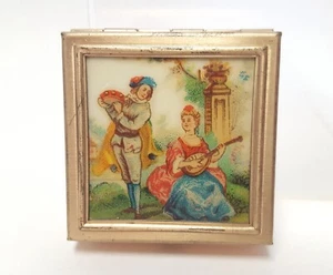 Vintage Hinged Lid Pill Trinket Box Divider Renaissance Couple Lid 1.5" Square - Picture 1 of 22