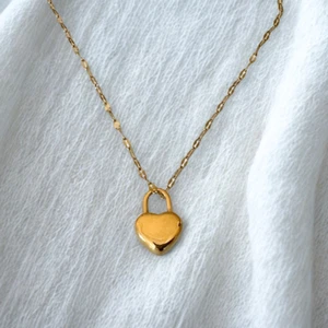 Gold Minimalist Jewelry Charm Necklace Lock Heart Love Gift Dainty Layering 16" - Picture 1 of 4
