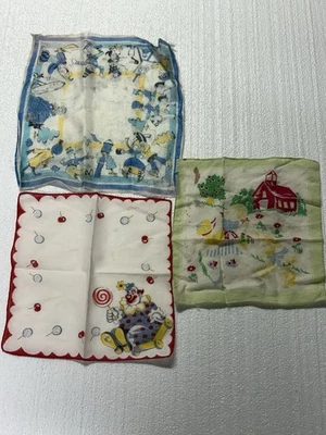 3 Vintage Children’s Handkerchiefs Nursery Rhymes And Clown 1950s - Image 1 of 4