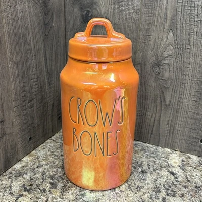 Rae Dunn *CROW'S BONES" Orange Luster Halloween Canister - Image 1 of 4