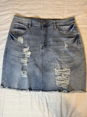 Rue 21 Distressed, Light, Blue Denim Skirt,  Frayed Hem, Size XL - Image 1 of 4