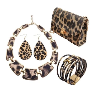 Leopard Print Jewelry Accessories Set For Women Purse Earrings Bracelet Necklace - Picture 1 of 8