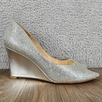 Badgley Mischka Sparkly Silver Peep Toe Wedge Heels Women's Size 6.5 - Image 1 of 4