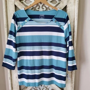 Hasting & Smith Women's Cotton Pullover 3/4 Sleeve Button Detail Top Blue Stripe - Picture 1 of 6