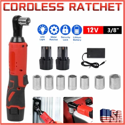 Electric Cordless Ratchet 3/8" Right Angle Wrench Impact Power Tool 2 Batteries - Image 1 of 4