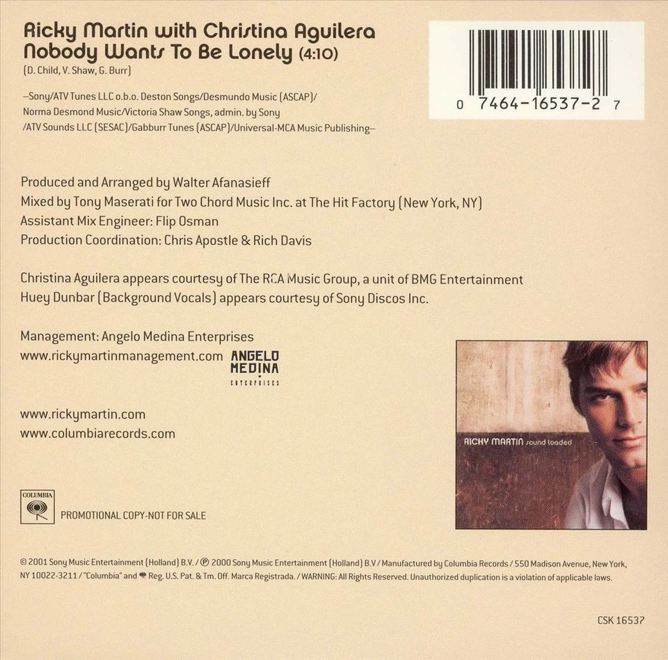 RICKY MARTIN & CHRISTINA AGUILERA NOBODY WANTS TO BE LONELY [US CD5] NEW CD - Image 1 of 1