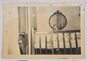 Vintage Black And White Photo Of Baby In Crib -  Mirror On Wall -#1999 - Picture 1 of 2