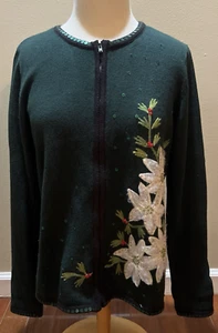 Tiara Intl Sweater Christmas Cardigan Floral Green Embroidered Appliqué Full Zip - Picture 1 of 18
