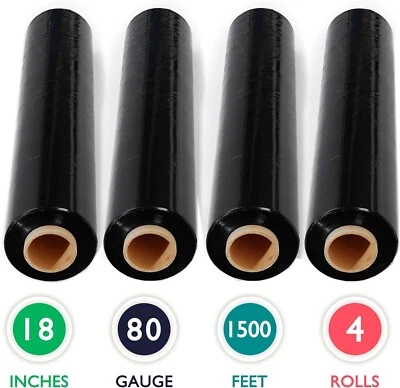 4 Rolls 18 inch x 1500 Feet Stretch Wrap 80 Gauge Heavy Duty Shrink Film,BLACK - Image 1 of 4