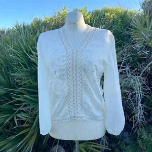 Vintage 70s Boho Cream Cotton Blend Top Embroidered Gold Trim Size M L - Picture 1 of 8