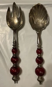 Vintage GODINGER Silver Plate And Ruby Acrylic Serving Pieces Set 2 10.50” - Picture 1 of 7