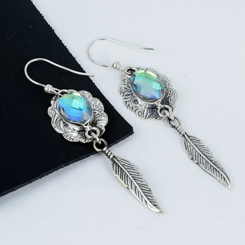 Orecchini In Gemma Mystic Topaz In Argento Sterling 925 Fatti A Mano Per Regali - Immagine 1 di 4