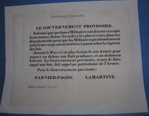 AFFICHE  Révolution 1848. Gouvernement provisoire. LAMARTINE. Garnier-Pagès. - Picture 1 of 1