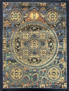 BUDDHA LIFE/WHEEL OF LIFE MANDALA ORIGINAL TIBETAN MEDITATION THANGKA PAINTING - Picture 1 of 12