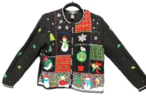 90s Vtg Ugly Christmas Cardigan Sweater Womens Petite PL Large Embroidered Knit - Foto 1 di 17