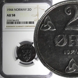 Norway Haakon VII Iron 1944 2 Ore NGC AU58 WWII Issue KM# 394 (072) - Picture 1 of 6