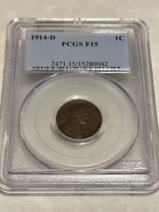 1914-D PCGS F15 1C Lincoln Cent Wheat Ears Penny nice coin for the grade #0042 - Picture 1 of 4