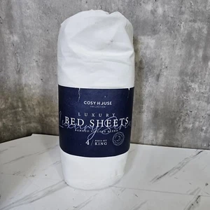 Cosy House Luxury Bamboo WHITE KING Sheet Set Hypoallergenic Corner Straps - Picture 1 of 4