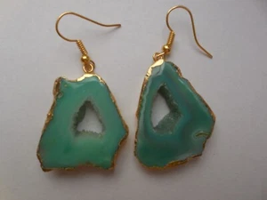 Druzy Slice Earring Gemstone Earring Gold Plated Hook Earring Fashion Jewelry - Picture 1 of 3