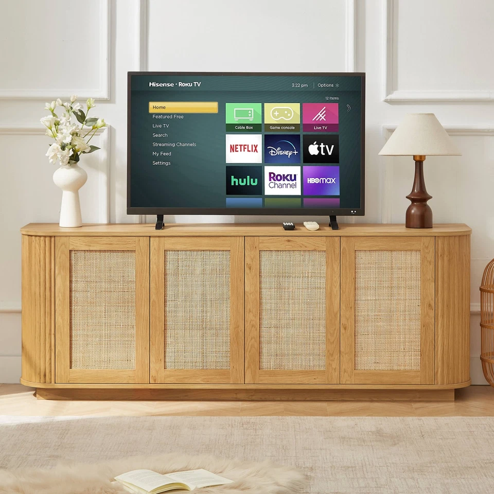 64" TV Stand Modern Wood Buffet Sideboard Entryway Storage Cabinet w/Rattan Door - Image 1 of 4