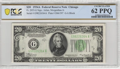 Fr.2055-G 1934A Chicago $20 Federal Reserve Note PCGS Uncirculated 62 PPQ - Image 1 of 2